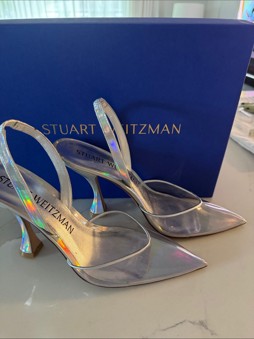 Stuart Weitzman Holographic Pointed-Toe Slingback Pumps - Iridescent Silver 9.5
